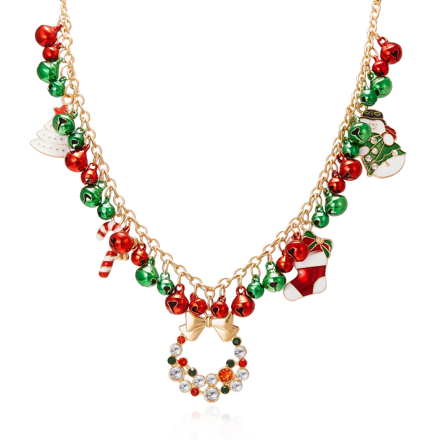 Christmas-themed Necklace for Women, Santa Claus Wreath Rhinestone Pendant, Christmas Bell and Tree Sweater Chain