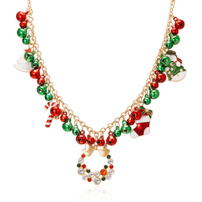 Christmas-themed Necklace for Women, Santa Claus Wreath Rhinestone Pendant, Christmas Bell and Tree Sweater Chain