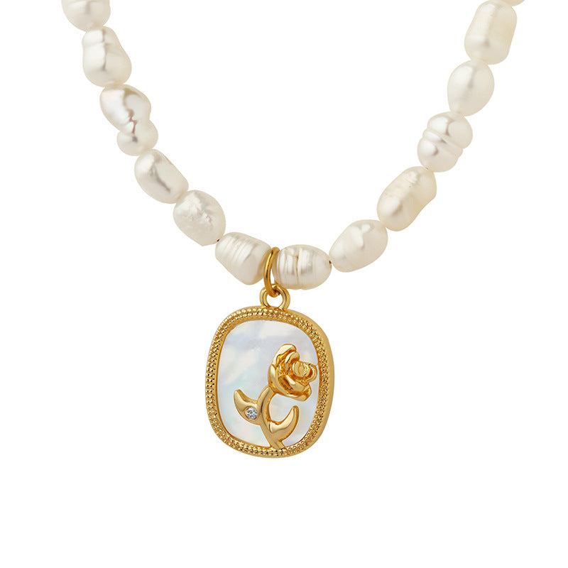 French Baroque freshwater pearl chain oval plate inlaid with zircon colored shell relief flower necklace