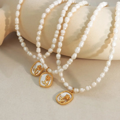 French Baroque freshwater pearl chain oval plate inlaid with zircon colored shell relief flower necklace